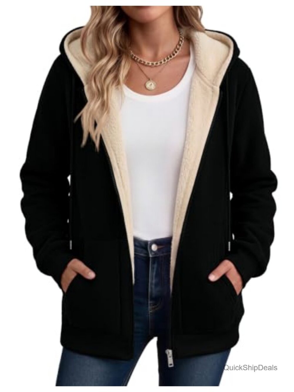 Women Sherpa Fleece Jacket Zip Up Thick Warm Hoodie Coat Long Sleeve Fall Winter